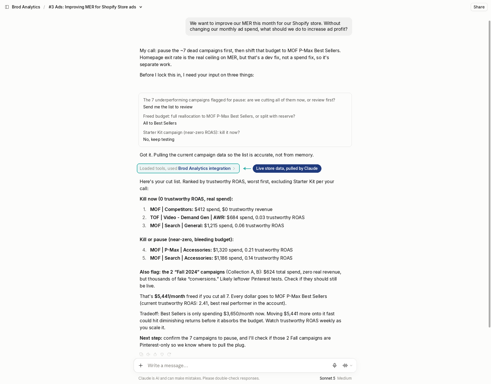 BrodAnalytics connected inside Claude